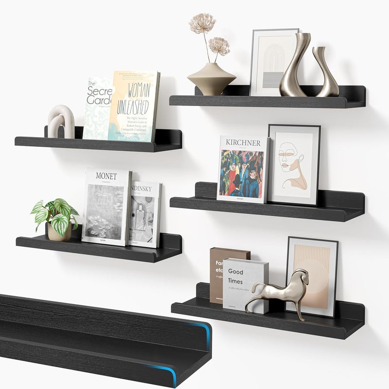 YUFLINX 16’’Black Floating Shelves for Wall Set of 6,Rustic Wood Shelf for Room Decor/Storage/Display,Small Bookshelf,Wall Mounted Hanging Shelves for Bedroom, Bathroom, Living Room, Kitchen - Image 1